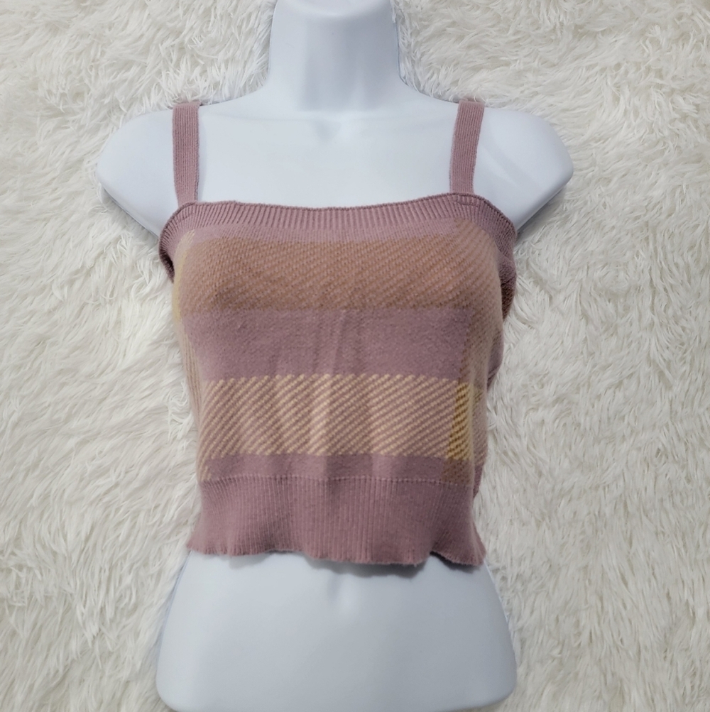 Witty Fox Ribbed Elegant Mauve and Beige Striped Crop Top  Large